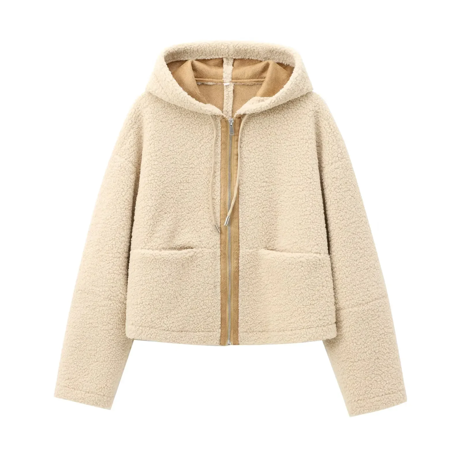 Women's new Fashion pocket decoration casual short hooded fleece jacket coat retro long sleeved zipper women's chic top