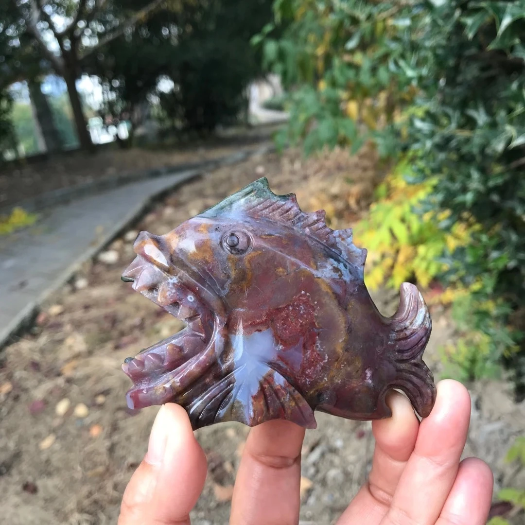 

100mm High Quality Natural Ocean Jasper Crystal Piranha Carving Powerful Chakra Healing Stones Statue For Halloween Gift 1pcs