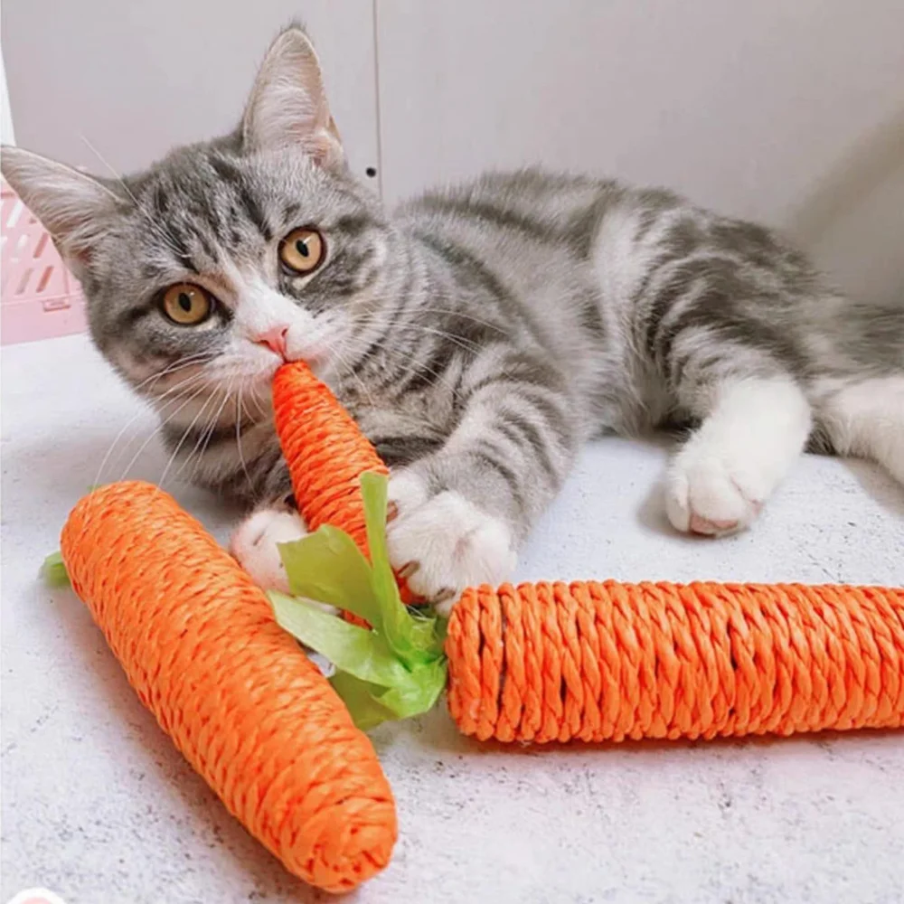 Carrot Shape Cat Teething Chew Toy Paper Rope Toys Built-in Bell Pet Cat Toys Kitten Kitty Kick and Bite Kicker Toy Cat Supplies