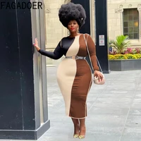 fagadoer sexy bodycon color patchwork mid dress women long sleeve round neck slim dress s 5xl plus size streetwear clothing 2022