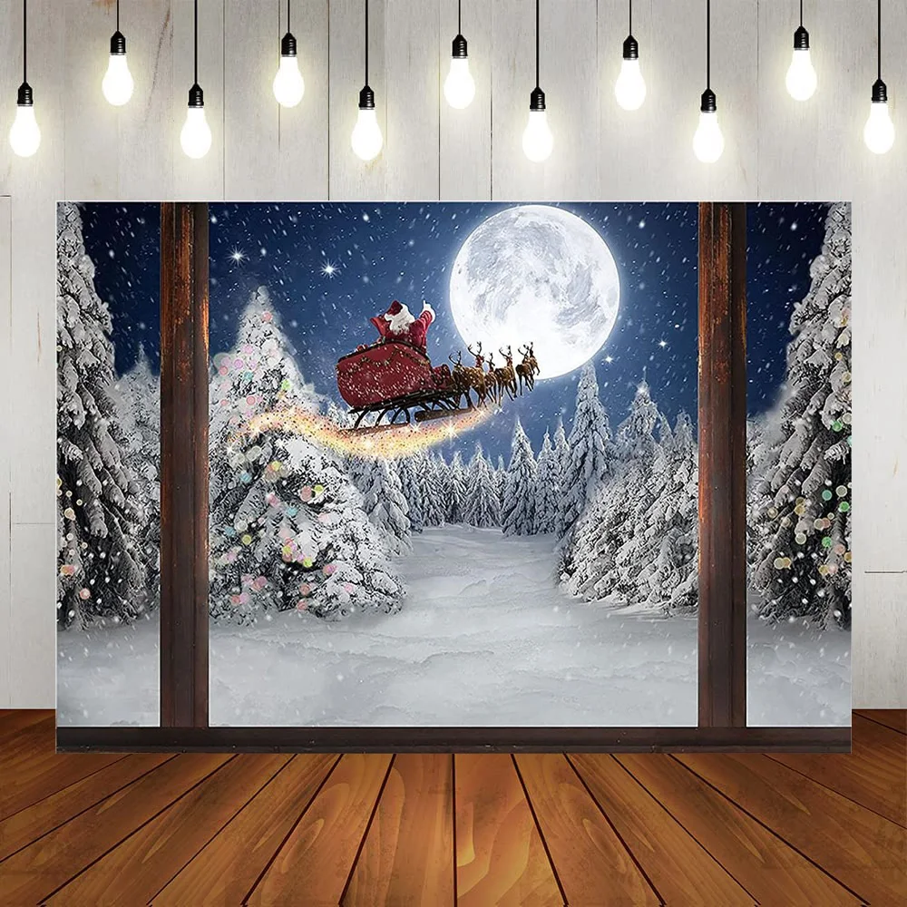 

Фон для фотосъемки с изображением рождественского окна Санты Луны праздника зимней снежной сцены Рождества окна Санты украшения для фотосъемки
