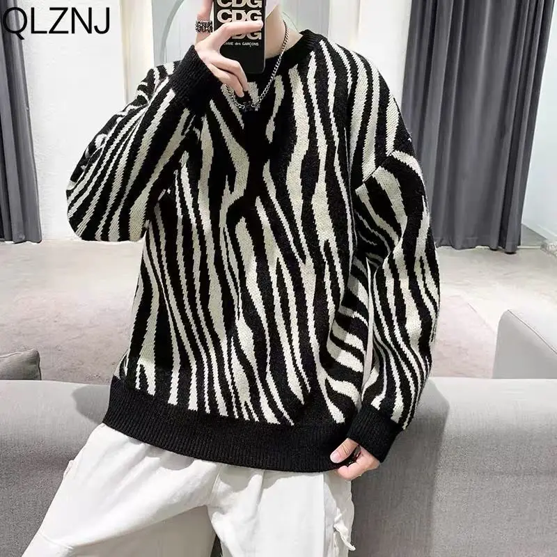 Zebra Striped Sweater Men Autumn New Harajuku Vintage Sweater Y2K Streetwear Loose Fashion Pullover Hip Hop Women Knitted Jumper