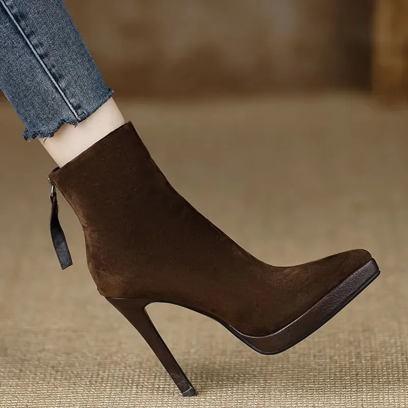 Ботильоны на высоком каблуке с острым носком женские замшевые туфли шпильке