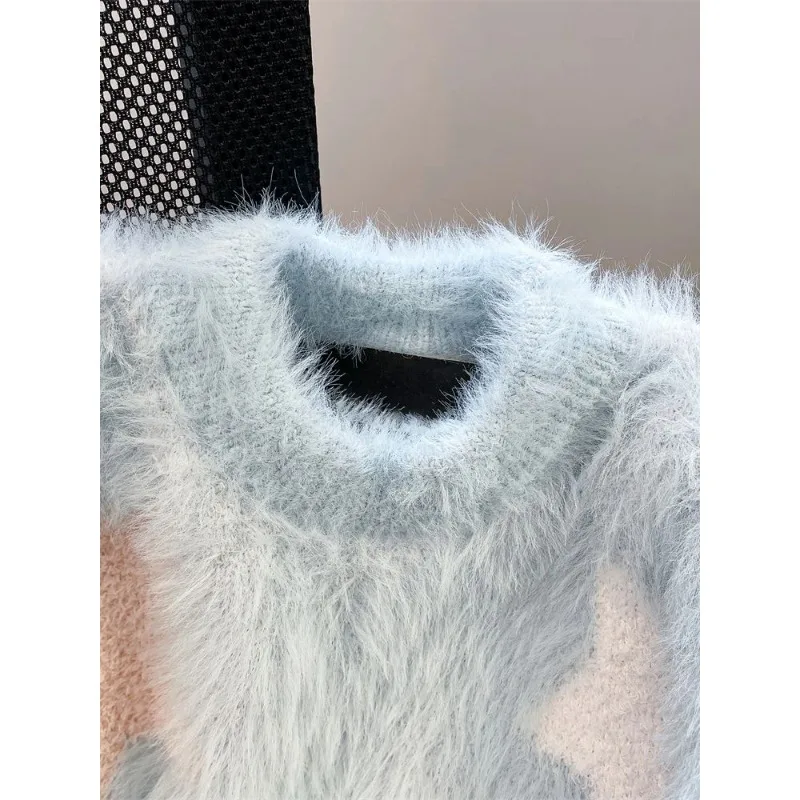 Шикарные синие свитера со звездным принтом женские кашемировые пуловеры из