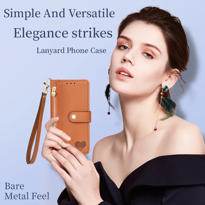 

Zipped Cards Leather Cover For iPhone 14 Plus 13 12 11 Pro Max Shockproof Card Slot Love Wallet with Lanyard Stand Phone Case