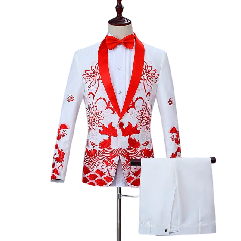 Men Dress Suits Chinese Style Party Stage Wedding Tuxedo Groom Suit Costumes Single Breasted Two Piece Set Performance Suit Sets