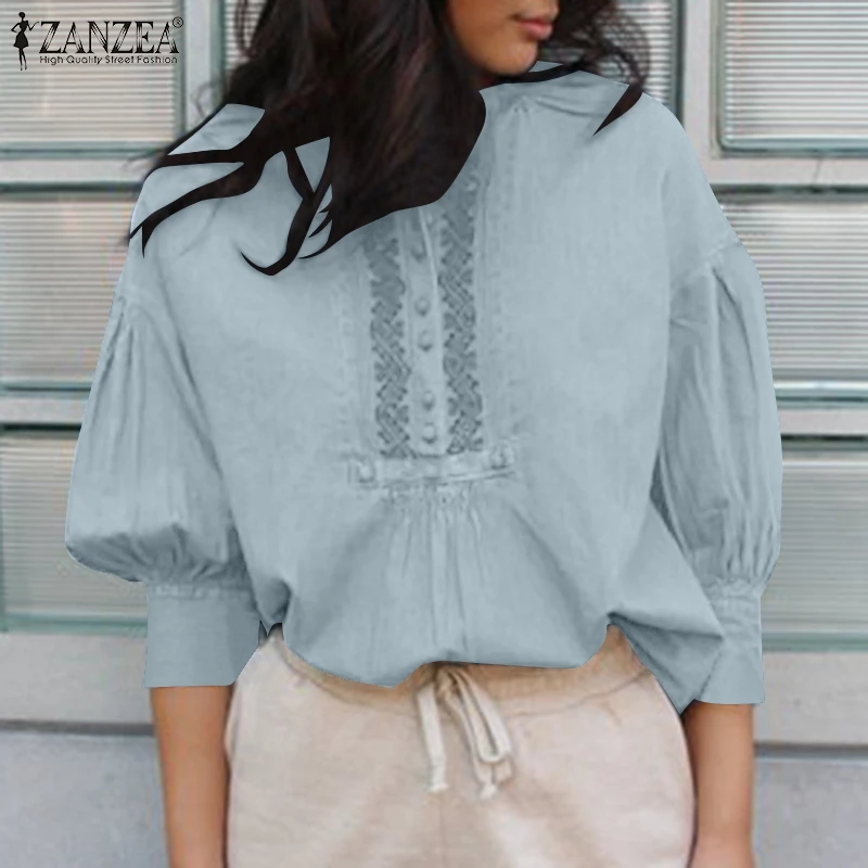 

ZANZEA Oversized Women Office Lady Shirts Denim Blue Blouse 2022 Ruffle Patchwork Tops Tunic Casual Solid Loose 3/4 Sleeve Blusa
