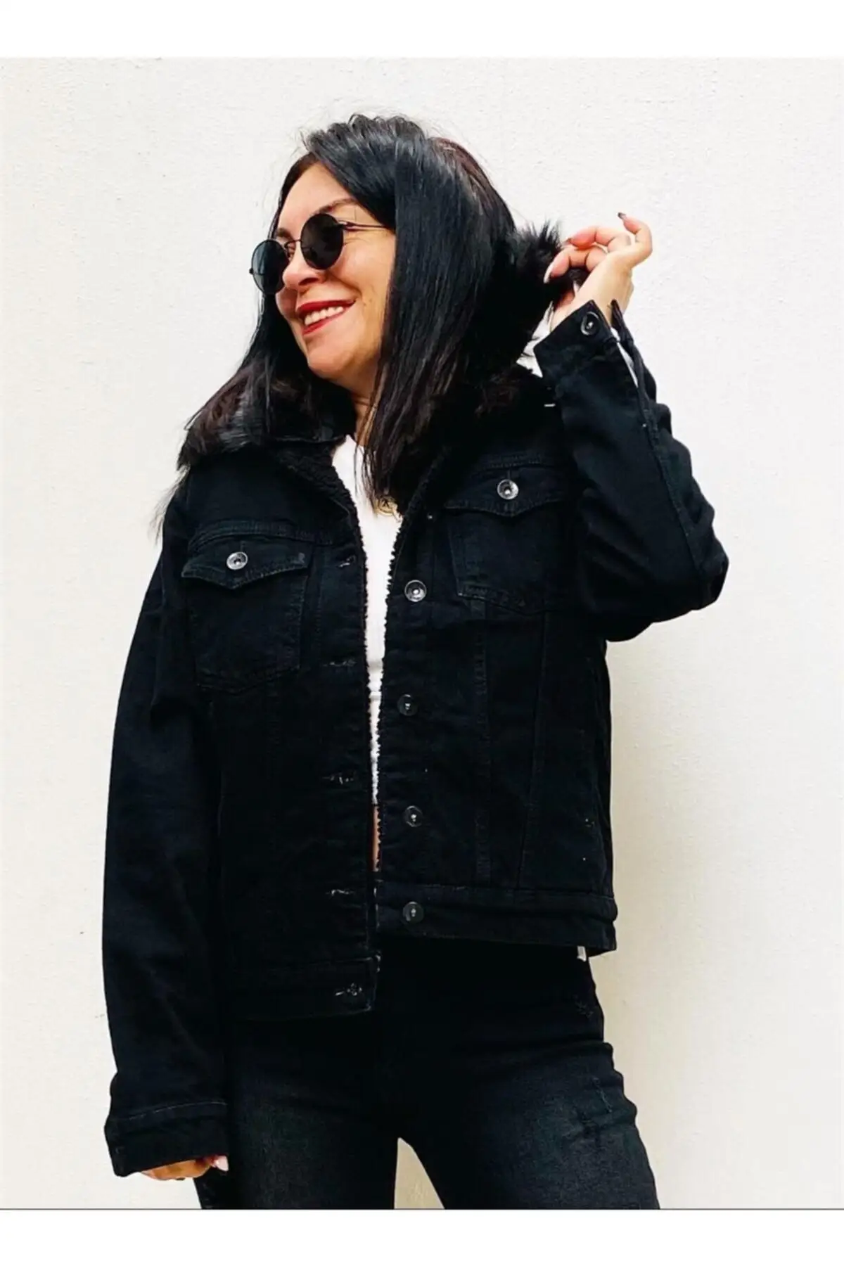 

Женская модная джинсовая куртка, шерстяная черная джинсовая куртка, пальто