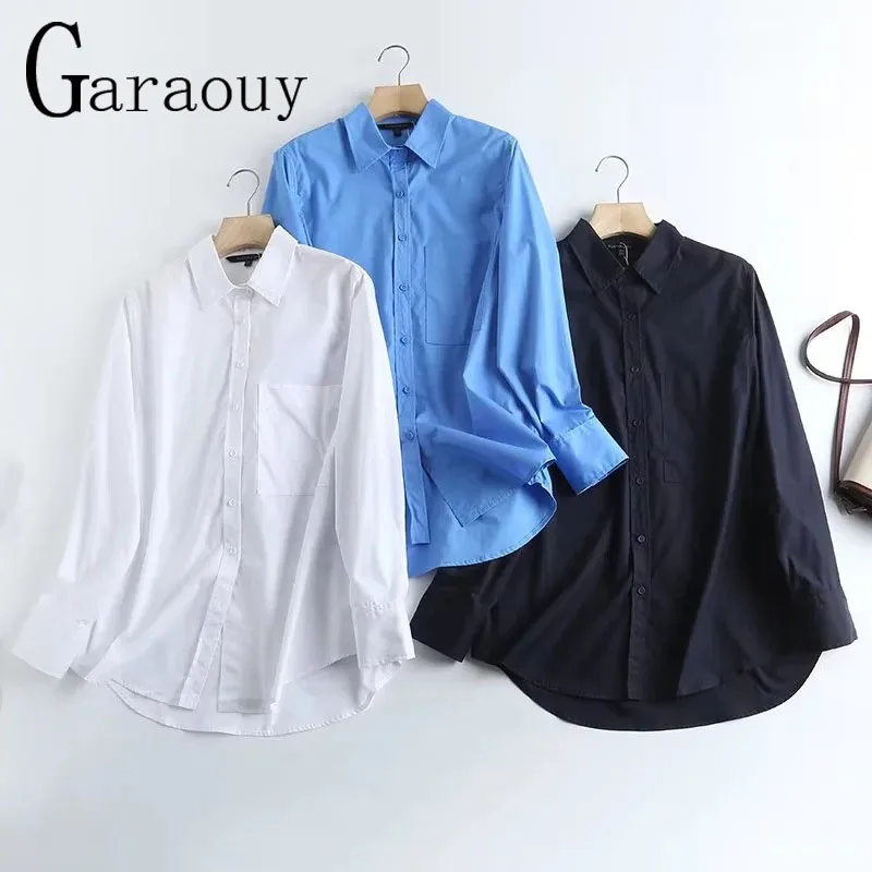 

Garaouy 2023 Women's Single Breasted Pocket Shirts Female Basic Simple Solid Blouse Office Lady Loose Casual Blusas Tops Mujer