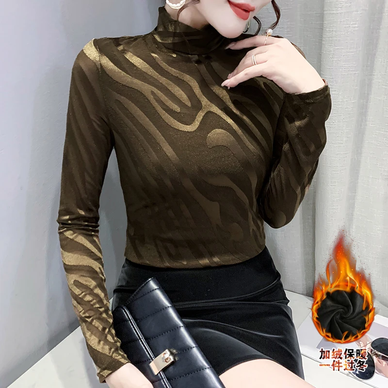 

Fall Winter European Clothes T-Shirt Fashion Sexy Turtleneck Print Mesh Tops With Fleece Long Sleeve Bottoming Shirt New Tees 00