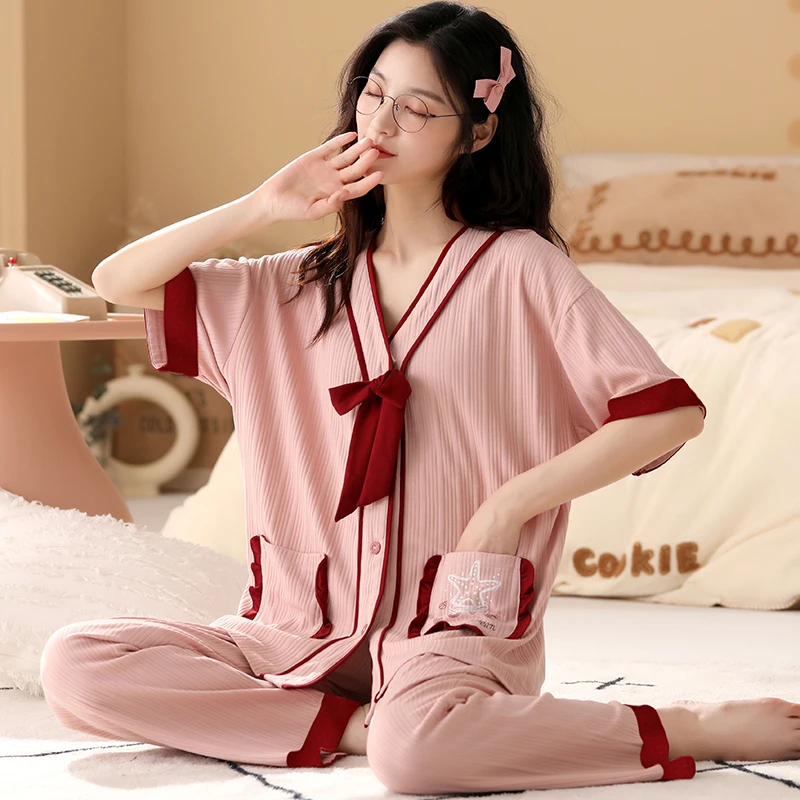 New Summer Autumn Women's Full Cotton Short Sleeve Pajamas Set Loose Leisure Adult Women Sleepwear Set Long Pant Party Pajamas
