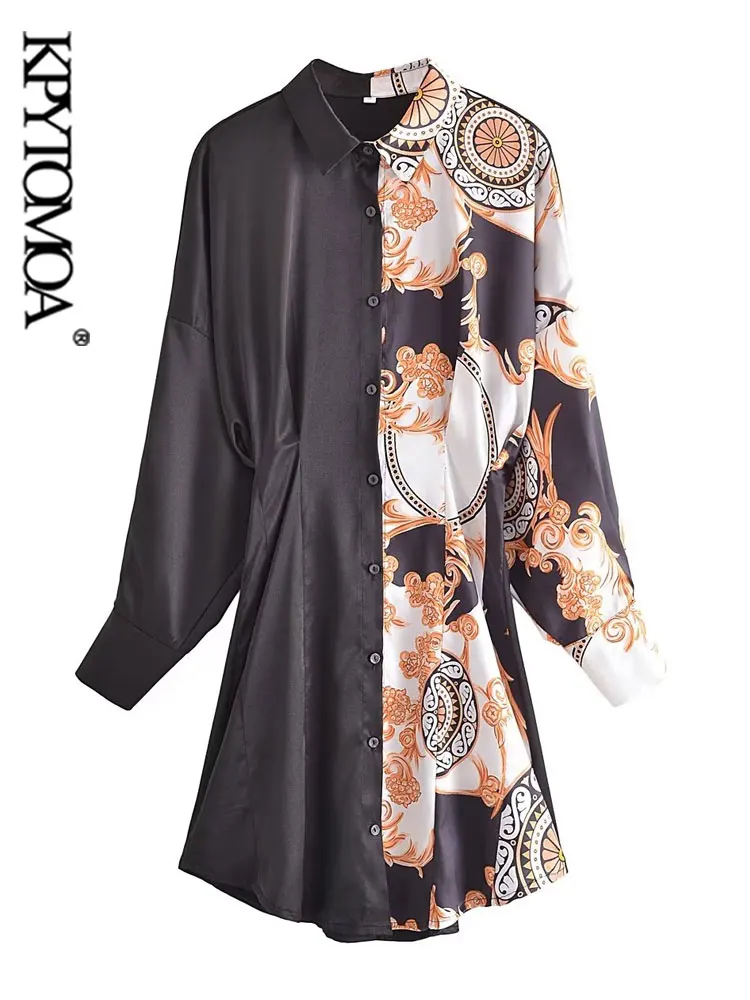 

KPYTOMOA Women Fashion Patchwork Printed Mini Dress Vintage Long Sleeve Front Button Female Dresses Vestidos Mujer
