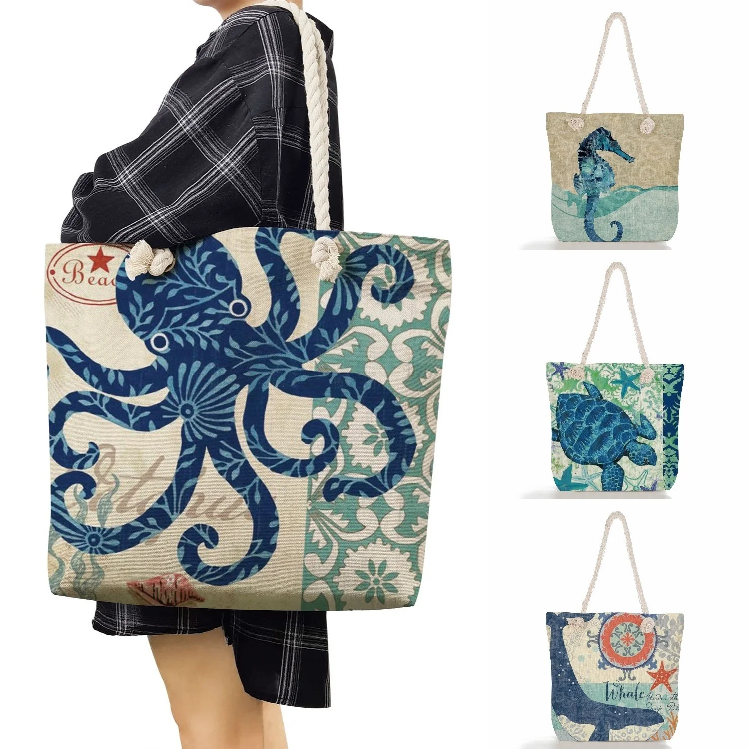 

Сумка Морская Life для женщин, льняной саквояж на плечо в форме осьминога, вместительная пляжная сумка-тоут для покупок на толстой веревке, лето