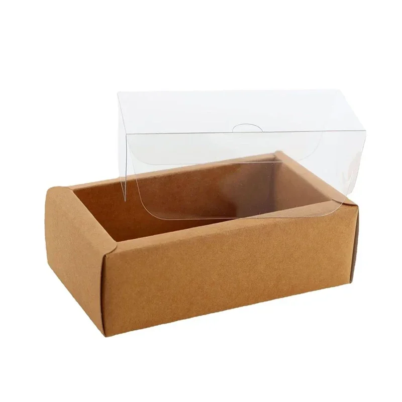 10pcs Square Kraft Paper Flip Box PVC Clear Frosted Cover Carton Desserts Cosmetic Soap Candy Storage Packaging Boxes Gift