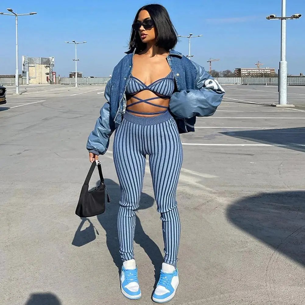 

2Pcs/Set Women Outfit Sexy Striped Lace-Up Tank Top Slim Pencil Pants Cotton Camisole Skinny Pants Outfit for Party Club