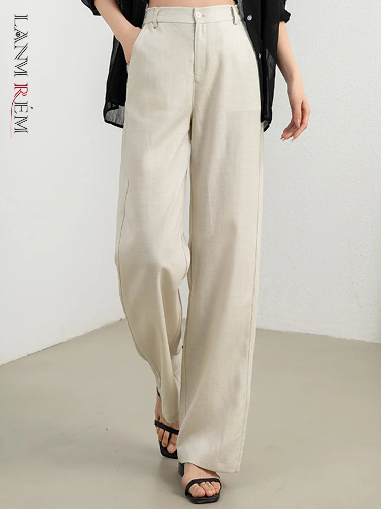

LANMREM Casual Pants For Women High Elastic Waist Single Button Solid Thin Straight Trousers Korean 2023 Summer New 2YA3360