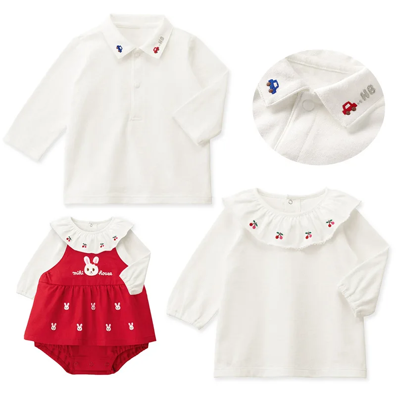 

1-7Y Autumn 2022 Japanese Children's Clothing Cherry Embroidered Long-sleeved Shirt Underneath Polo Sibling Outfit