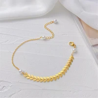 new gold color plated titanium steel pearl leaves chain anklets for women beach barefoot sandals bracelet ankle trendy jewelry