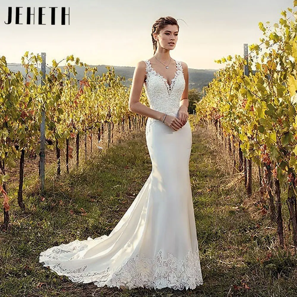 

JEHETH Elegant Mermaid Chiffon Wedding Dress 2024 Romantic Appliques Lace Bridal Gowns V-Neck Button Robe De Mariée Custom Made