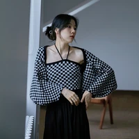 womens sweater hot girl street retro checkerboard sexy sweater two pieces of women hanging neck condole belt knitted cardigan