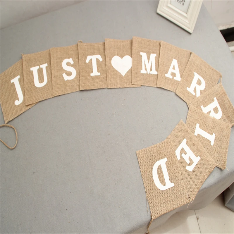 

Jute Burlap Bunting Rustic Just Married Mr Mrs Wedding Banner Garland Party Flags Candy Bar Decoration Event Supplies