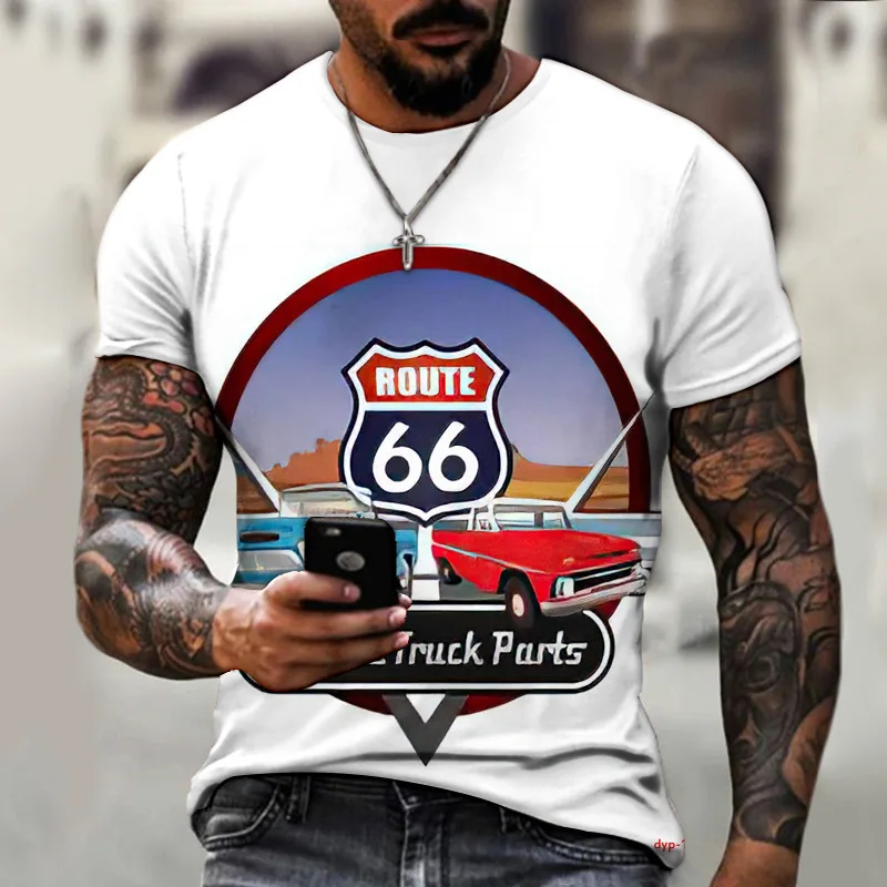 

Retro T-shirts For Men Route 66 Printed Short Sleeve Tops Tshirt Black And White Color Fashion Men's Clothing Vintage Streetwear