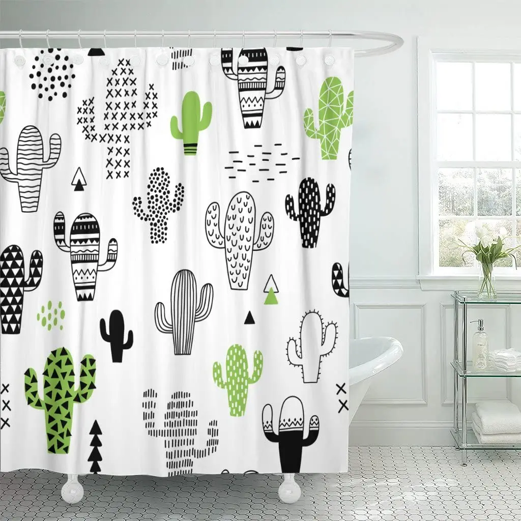 

Shower Curtain Black Desert Cute Hand Drawn with Cactus Hipster Geometric Waterproof Polyester Fabric 72x72 Inch Set with Hooks