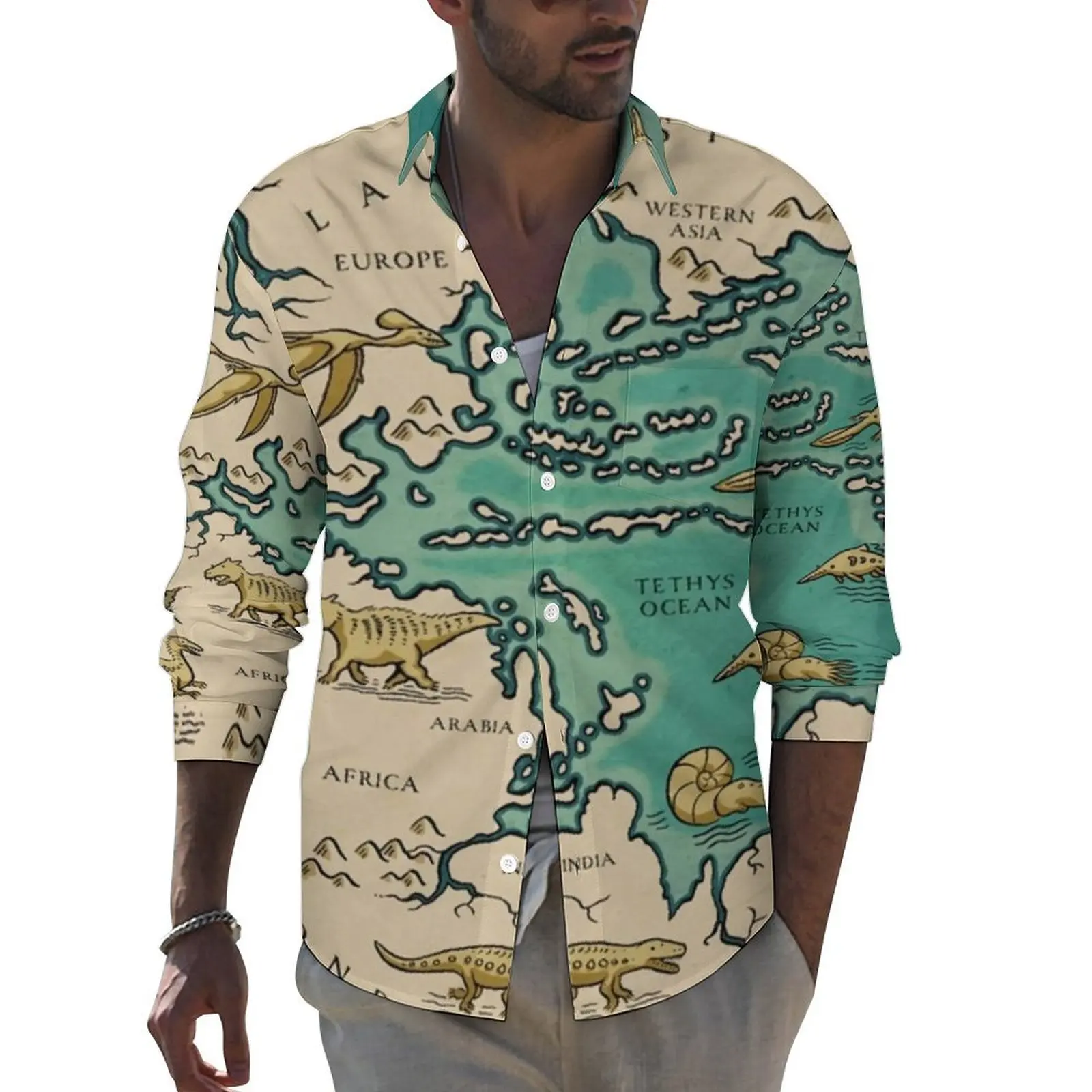 Винтажная рубашка с картой весенние повседневные рубашки суперконтинента Pangaea