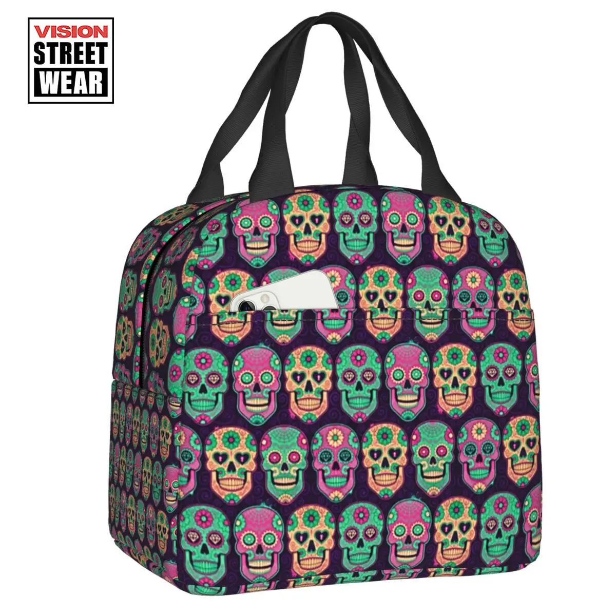 

2023 New Mexican Sugar Skulls Pattern Insulated Lunch Bag For Day Of The Dead Thermal Cooler Lunch Tote Office Picnic Travel