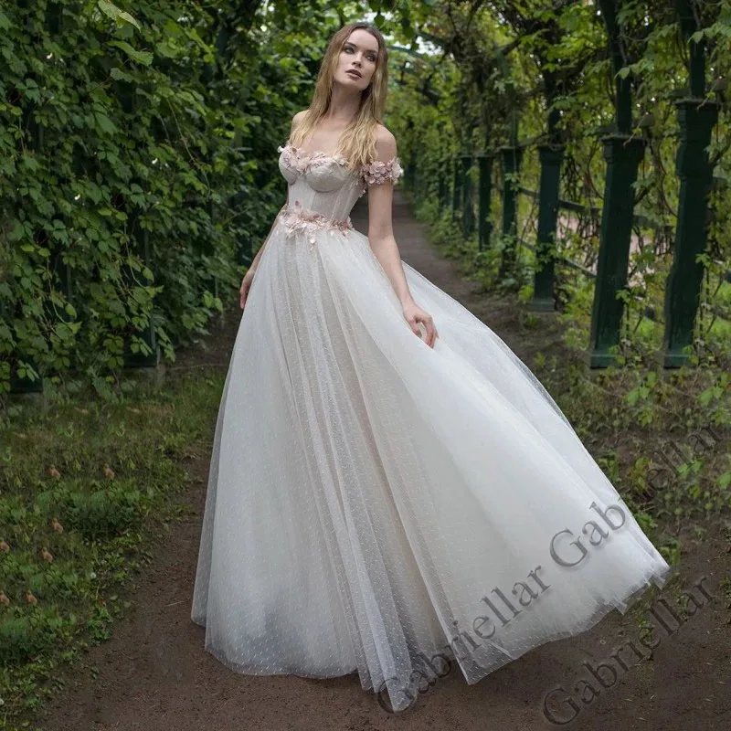 

Gabriellar Pink Flower Classic Strapless Wedding Dresses Backless Off the Shoulder Polka Dot Mopping Gown Vestido De Novia