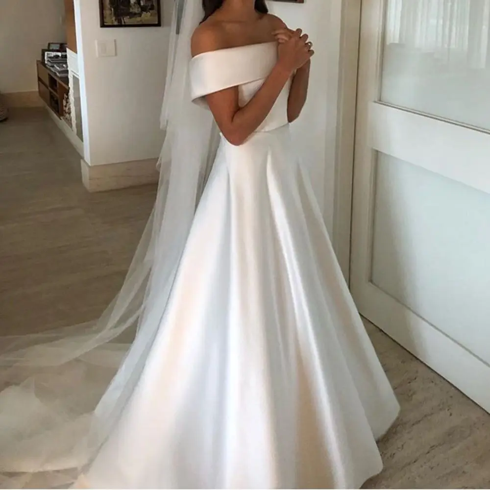 

Simple A Line Wedding Dresses Satin Off The Shoulder Wedding Bridal Gowns Sweep Train Casual Dresses Zipper With Buttons Back
