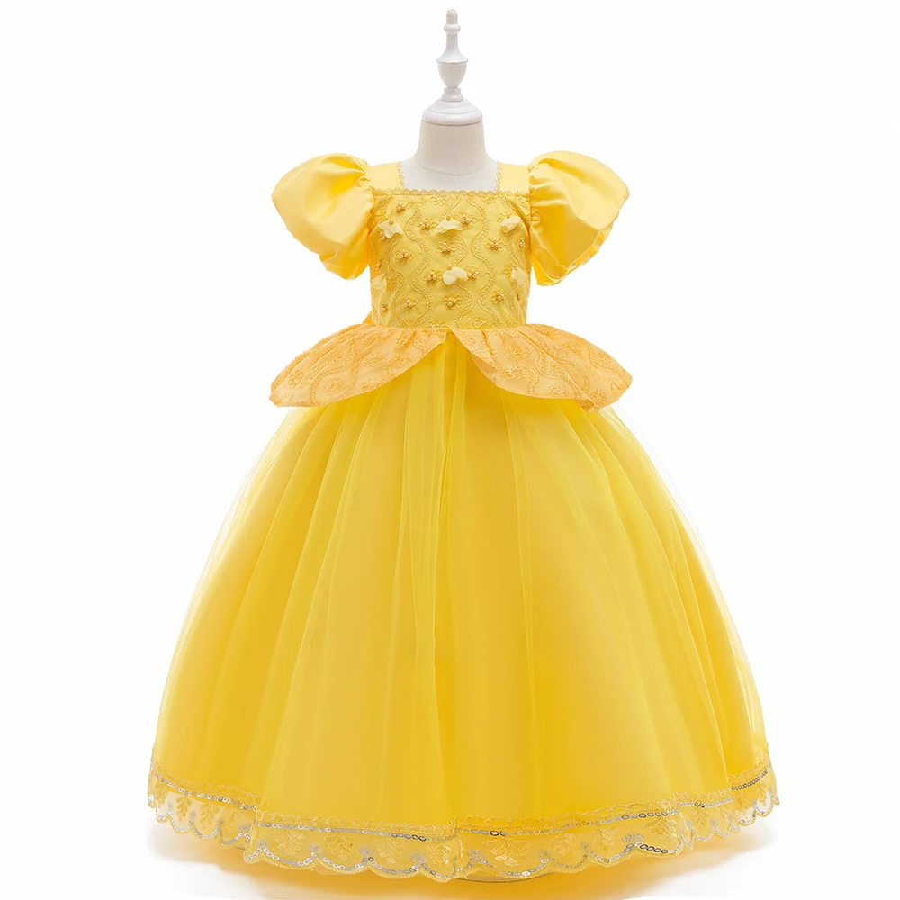 

Summer Bead Girls Dress Elegant Lace Birthday Party Wedding Princess Kids Dresses for Girl Costume Puff Sleeve Evening Prom Gown