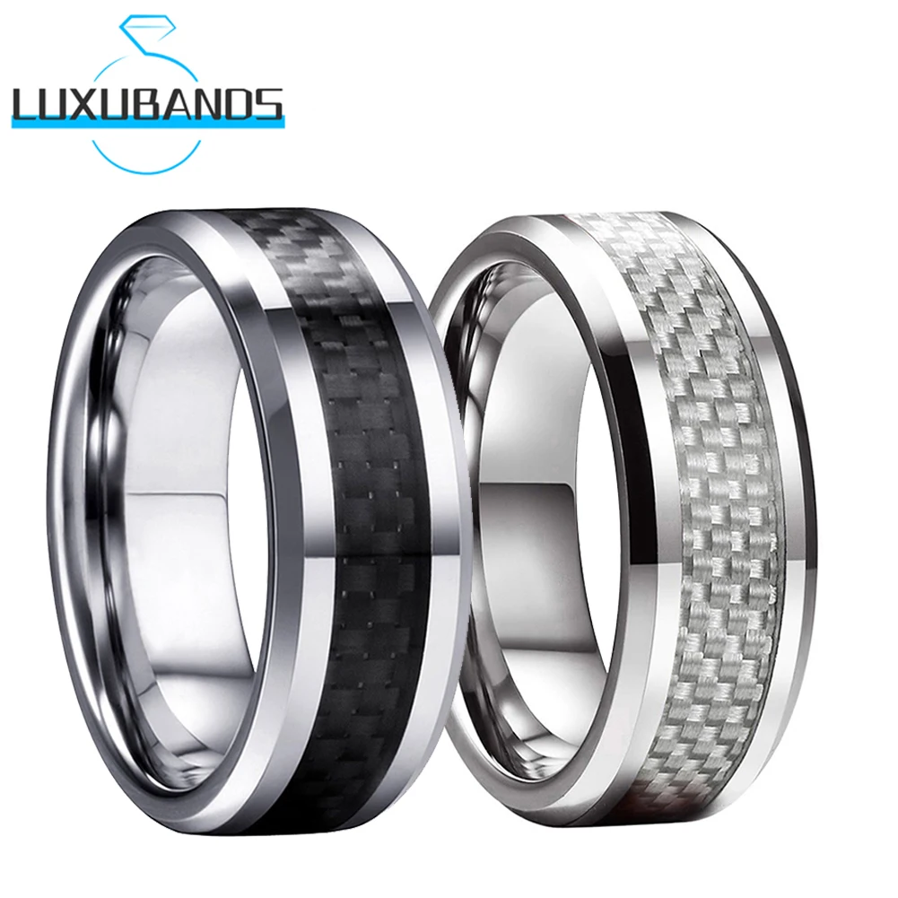 

Tungsten Carbide Rings For Men Wemen Beveled Edges Black White Carbon-Fiber Inlay Polished Finish 6mm 8mm Fashion Comfort Fit