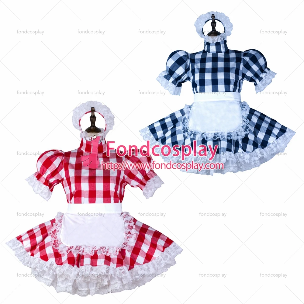 

adult sexy cross dressing sissy maid red lattice cotton dress lockable Uniform white apron Tailor-made[G2354]