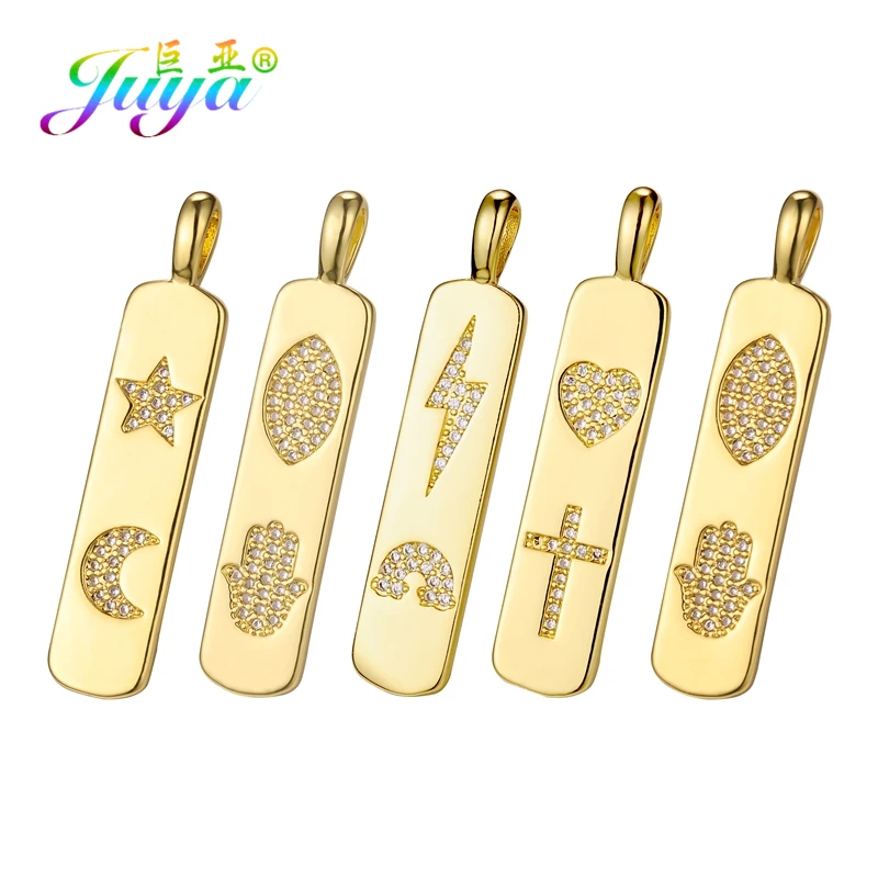 

Juya DIY 18K Gold Plated Strip Moon Star Evil Eye Hamsa Lightning Rainbow Love Cross Charms For Handmade Pendant Jewlery Making