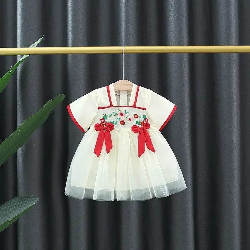Платье для девочек летняя детская одежда милый сетчатый бант в китайском стиле с