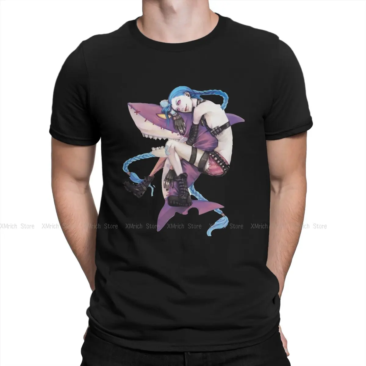 

Jinx Shark T-Shirt for Men Arcane League of Legends Animated Vintage 100% Cotton Tee Shirt Crew Neck Short Sleeve T Shirt