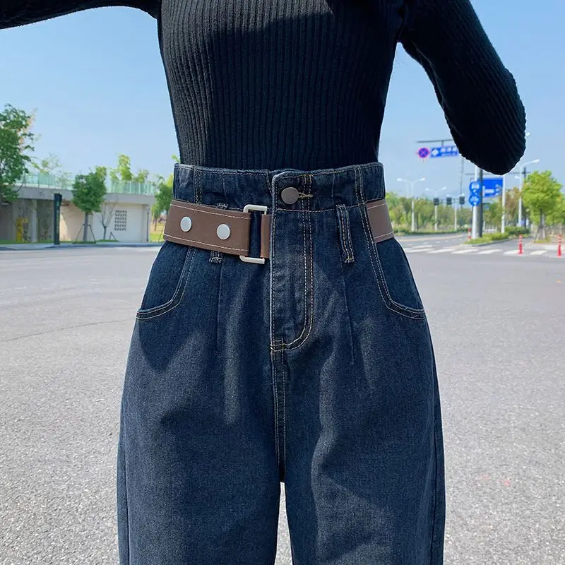 New Korean Fashion Blue Slouchy Baggy Jeans Women High Waisted Belt Trousers Woman Boyfriends Girls Loose Haren Denim Pants 2