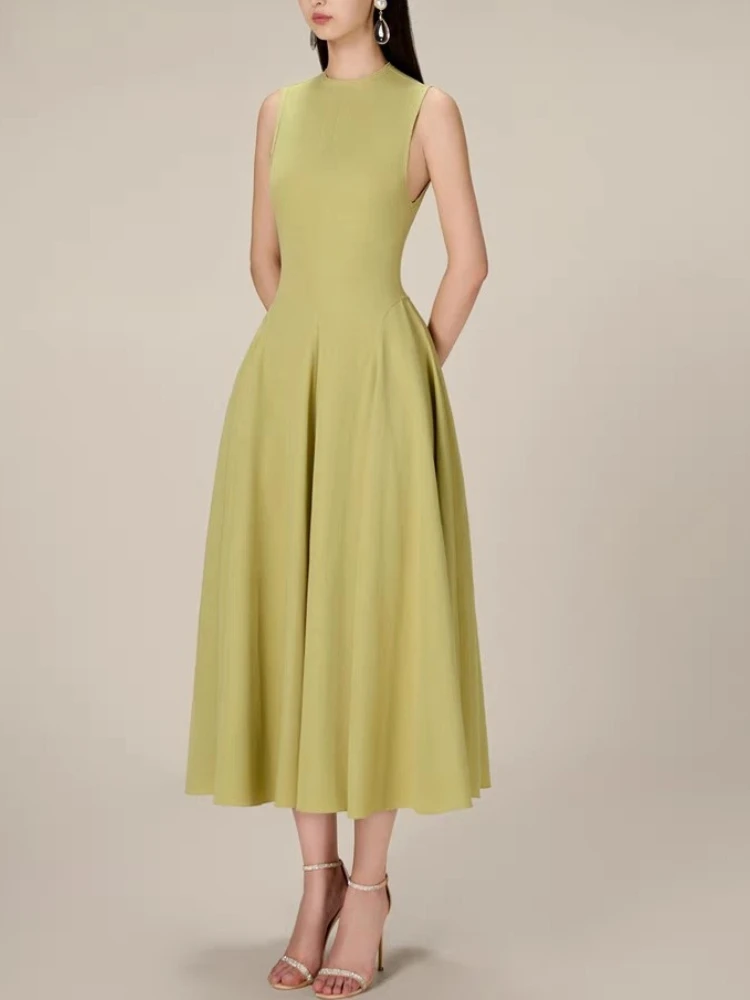 Summer New In High Quality Large Hem O-Neck Sleeveless Elegant Long Dress Women Simple Niche Design Solid Color Dress