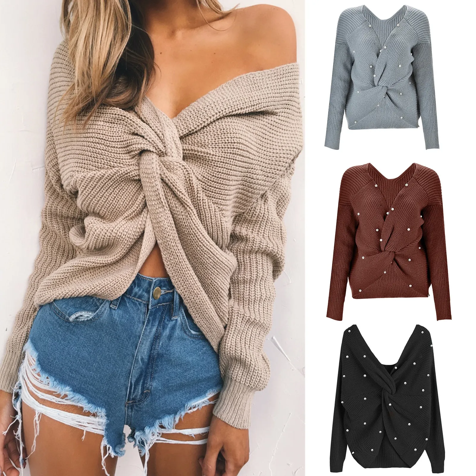 

Cross Knot Sweaters For Women V Neck Pearl Studded Button Sexy Design Off Shoulder Female Clothing Women Clothes Knitted Top