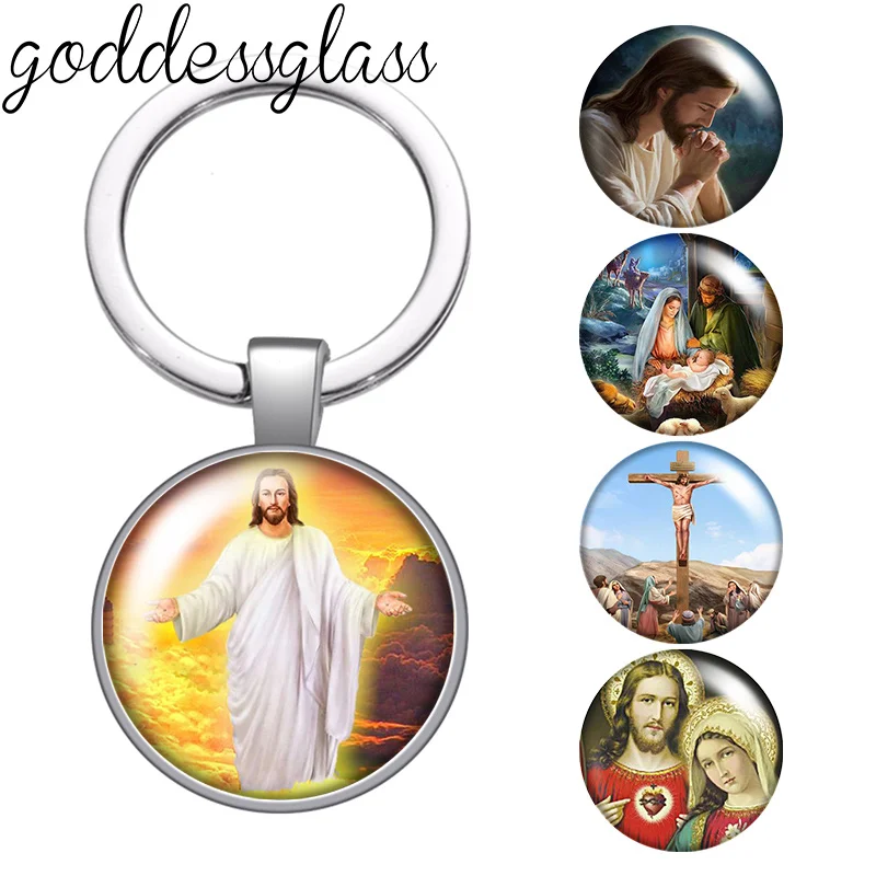 Религиозные фигурки Jesue, крест, Вера, Христос, фото, 25 мм, стеклянная искусственная сумка, брелок для автомобиля, кольцо, держатель, брелок с подвесками