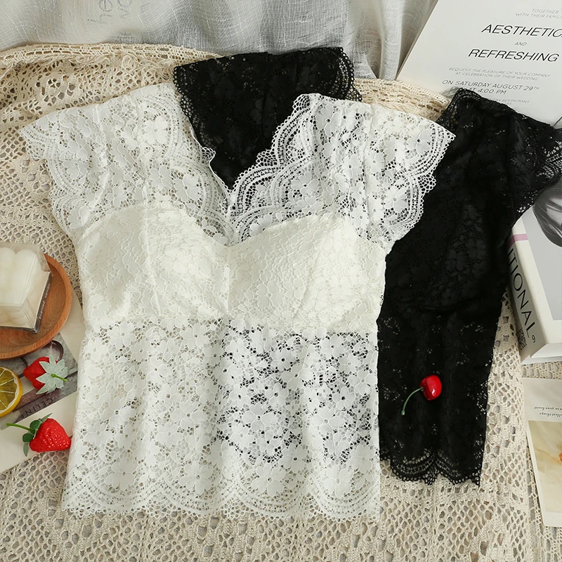 

Женский кружевной топ без рукавов, элегантная майка с накладками на груди, ажурный топ с V-образным вырезом и цветочным принтом, укороченный топ Y2k