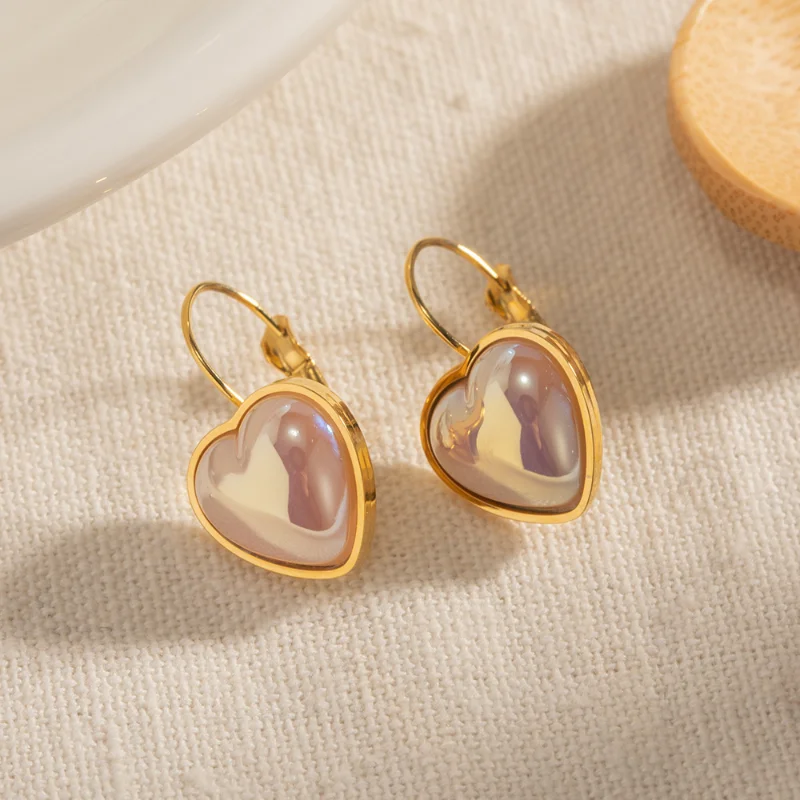 

Minar Temperament Imitation Pearl Pink Love Heart Hoop Earrings for Women 18K Gold PVD Plated Titanium Steel Pendant Earring