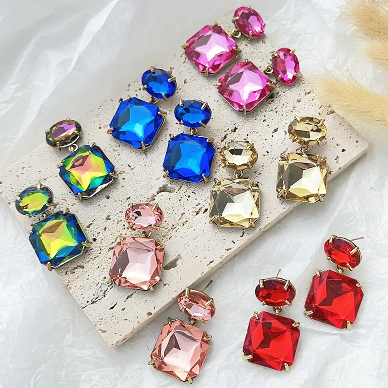 

New Colorful Crystal Geometric Za Earrings Long Statement Big Dangle Earring for Women Square Shining Design Rainbow Rhinestone