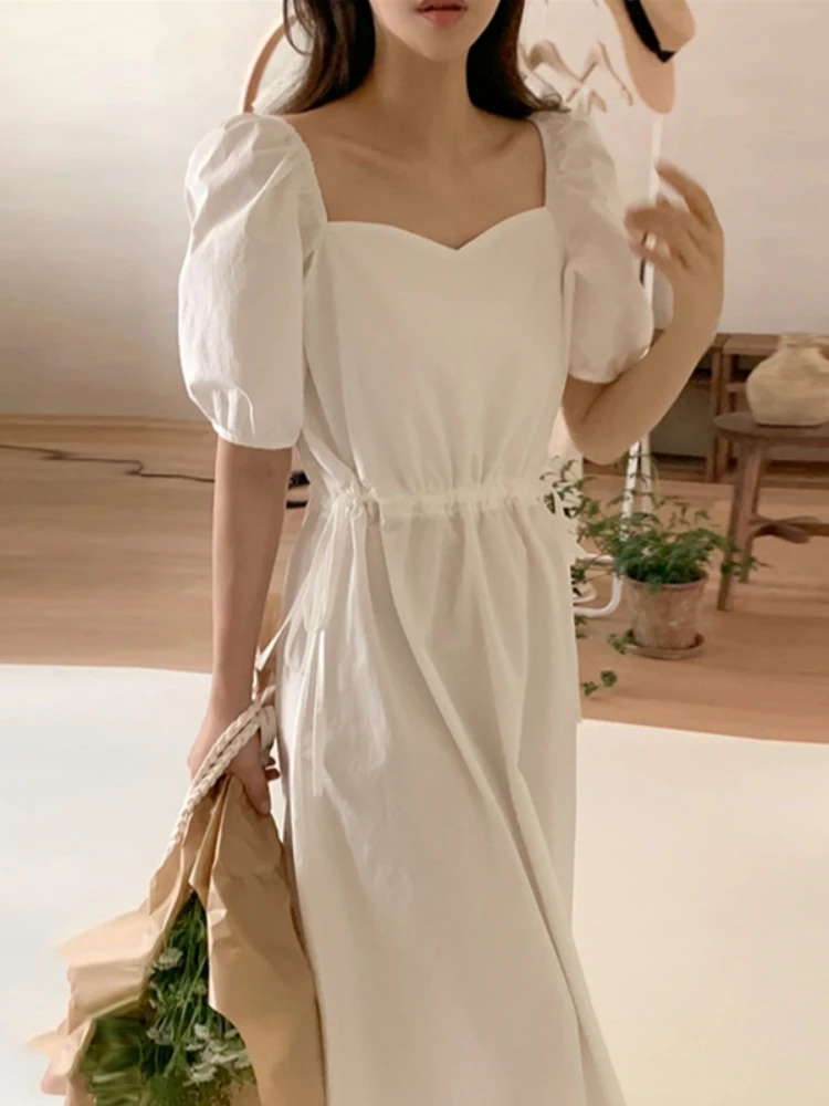 

Gaganight Women Square Collar Folds Drawstring Waist Dress 2022 Chic Summer French Temperament Slim Puff Sleeve Dresses Female