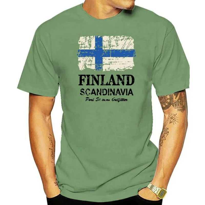

Classic men's hand-painted short sleeved T-shirt, vintage cotton, Finnish flag, big discount, 2018