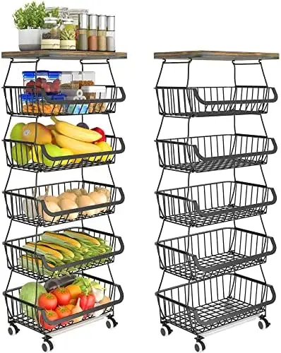 

Fruit and Vegetable Storage Cart, Wire Storage Basket with Wheels, Rolling Utility Storage Basket Bins for Kitchen, Pantry, Bat