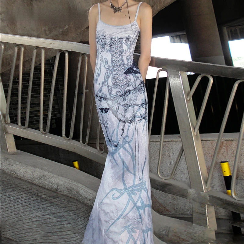 

Graphic Print Women Maxi Dress Slim Fit Vintage Aesthetic Sleeveless Party Long Dress Clubwear Lady Korean Fashion