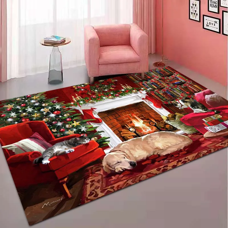 

Christmas Living Room Carpet Home Festive Holiday Decoration Red Carpets Elk Kitchen Bathroom Porch Non-slip Floor Mat Hotel Rug
