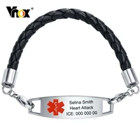 vnox medical bracelets for men stainless steel id bangle with leather cord chain free engraving disease allergy contact